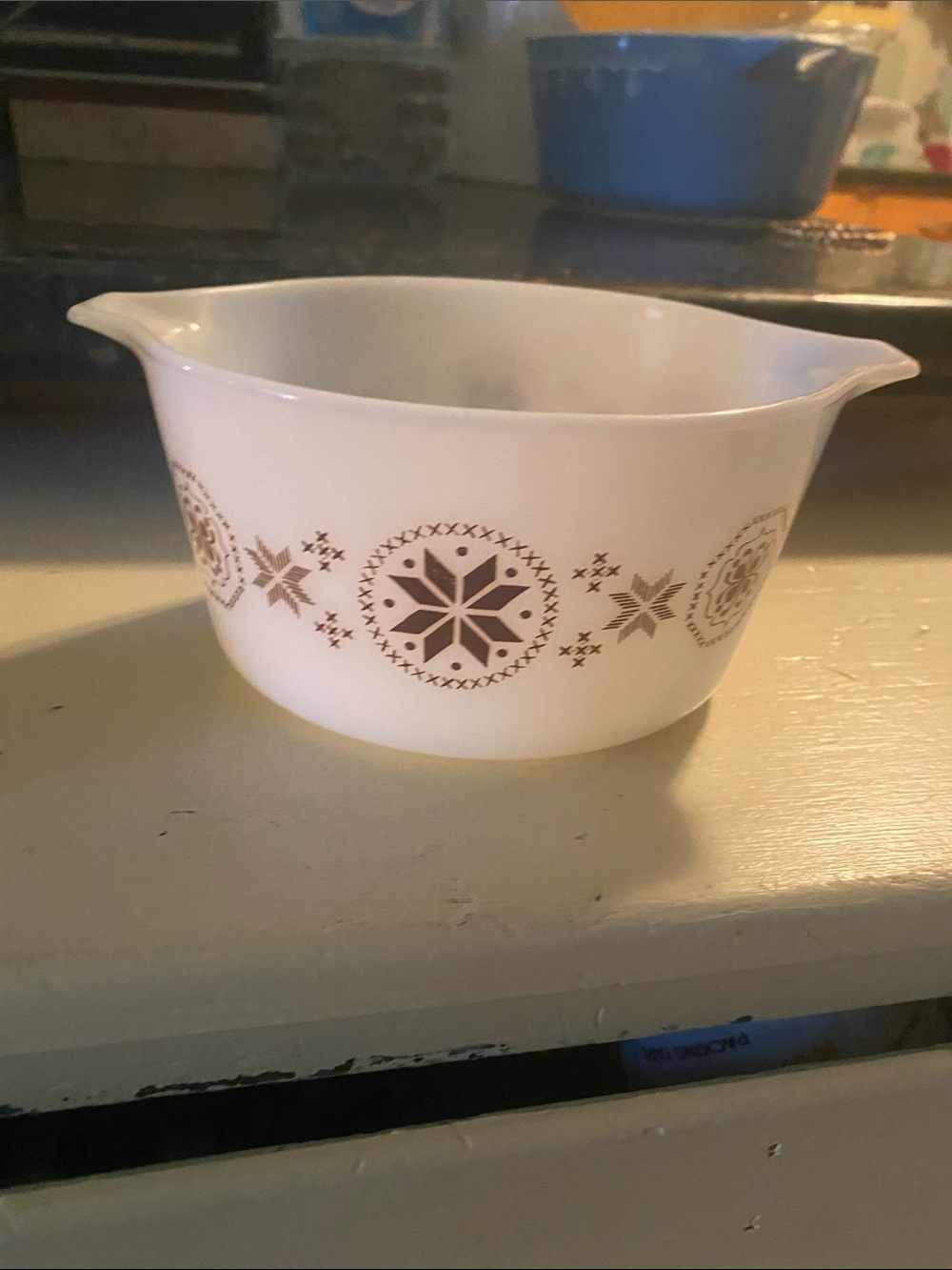 Pyrex Vintage Town & Country Bake And Serve Bowl - White with Brown Pattern #473